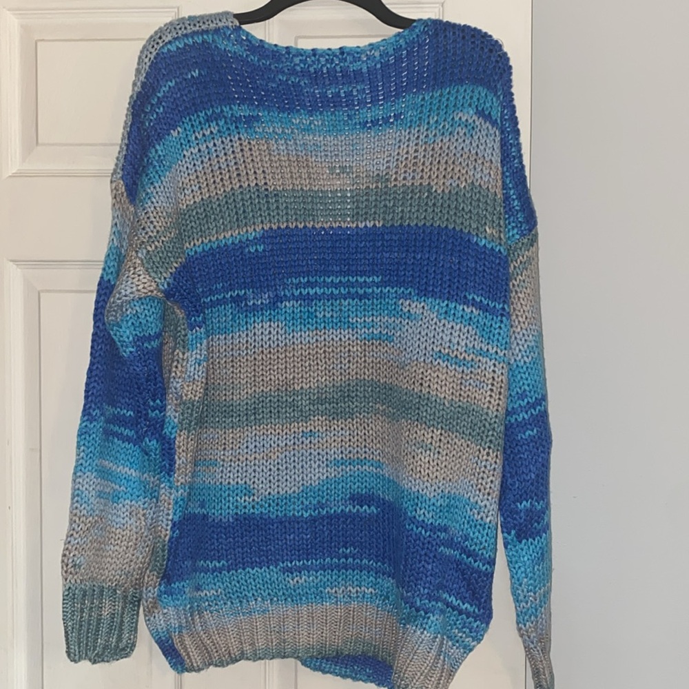 O&O Blue Multicolor Oversized Drop Shoulders Stripe Cable Knit Sweater Top NWT - Picture 6 of 13